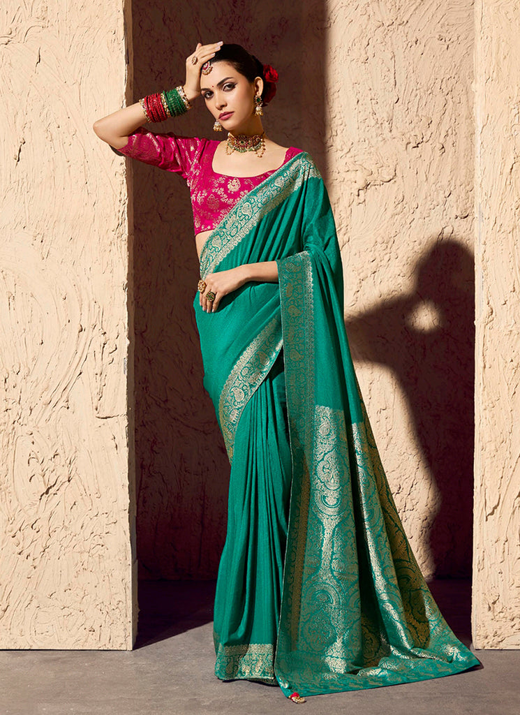 Turquoise and Pink Traditional Printed Saree