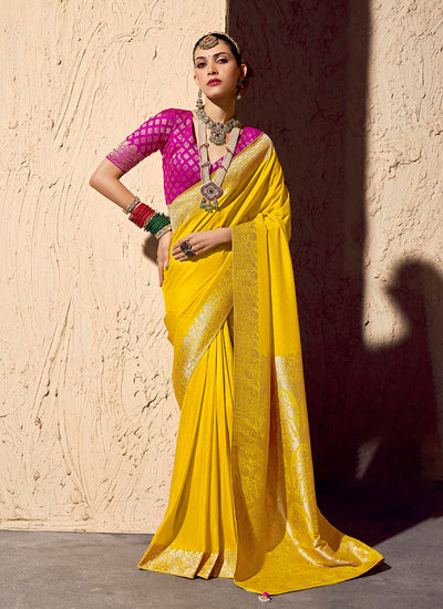 Yellow and Magenta Traditional Printed Saree
