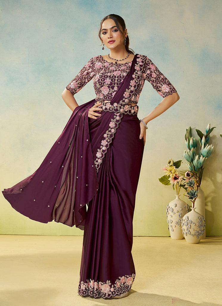 Wine Handwork Embroidery Silk Saree