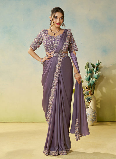 Mauve Handwork Embroidery Silk Saree