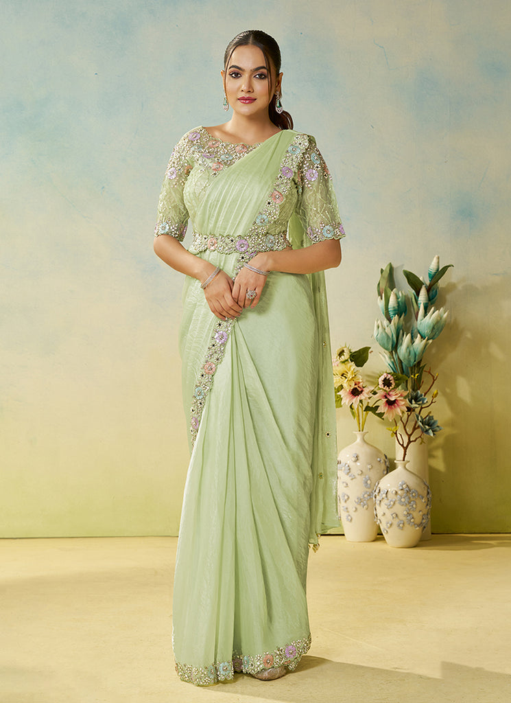Light Green Handwork Embroidery Silk Saree