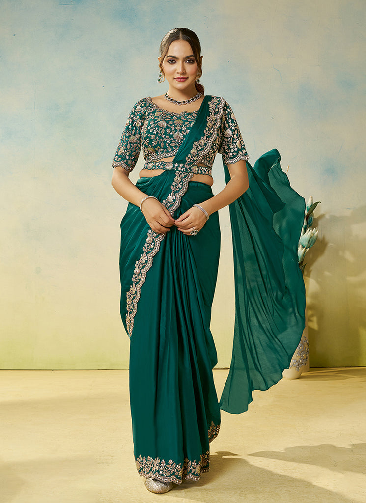 Dark Green Handwork Embroidery Silk Saree