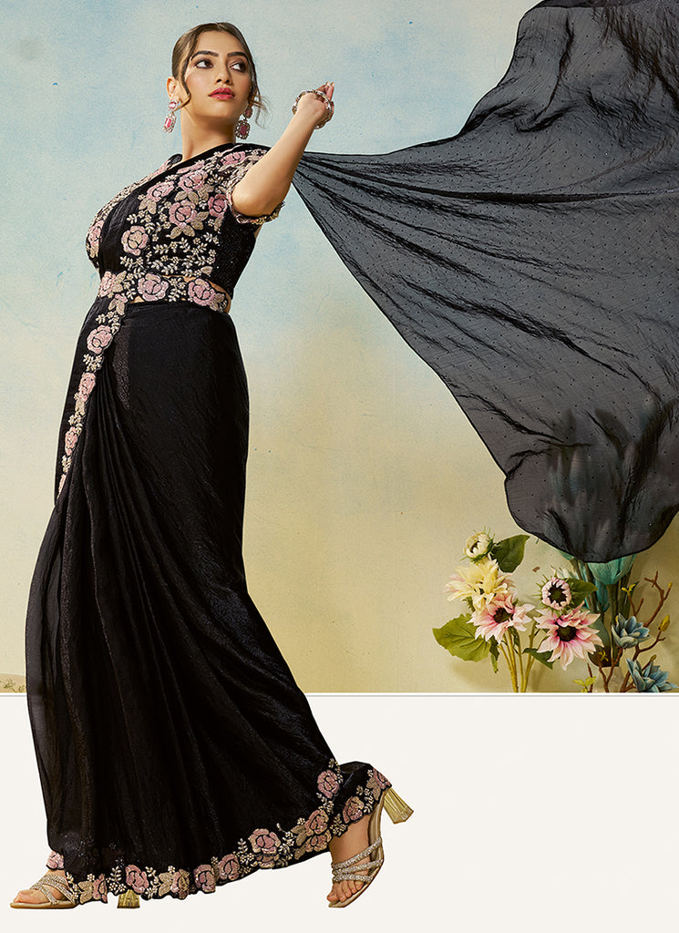 Black Handwork Embroidery Silk Saree