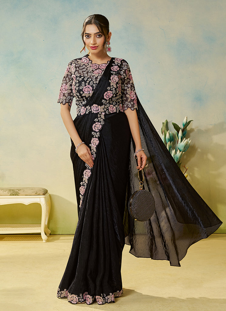 Black Handwork Embroidery Silk Saree