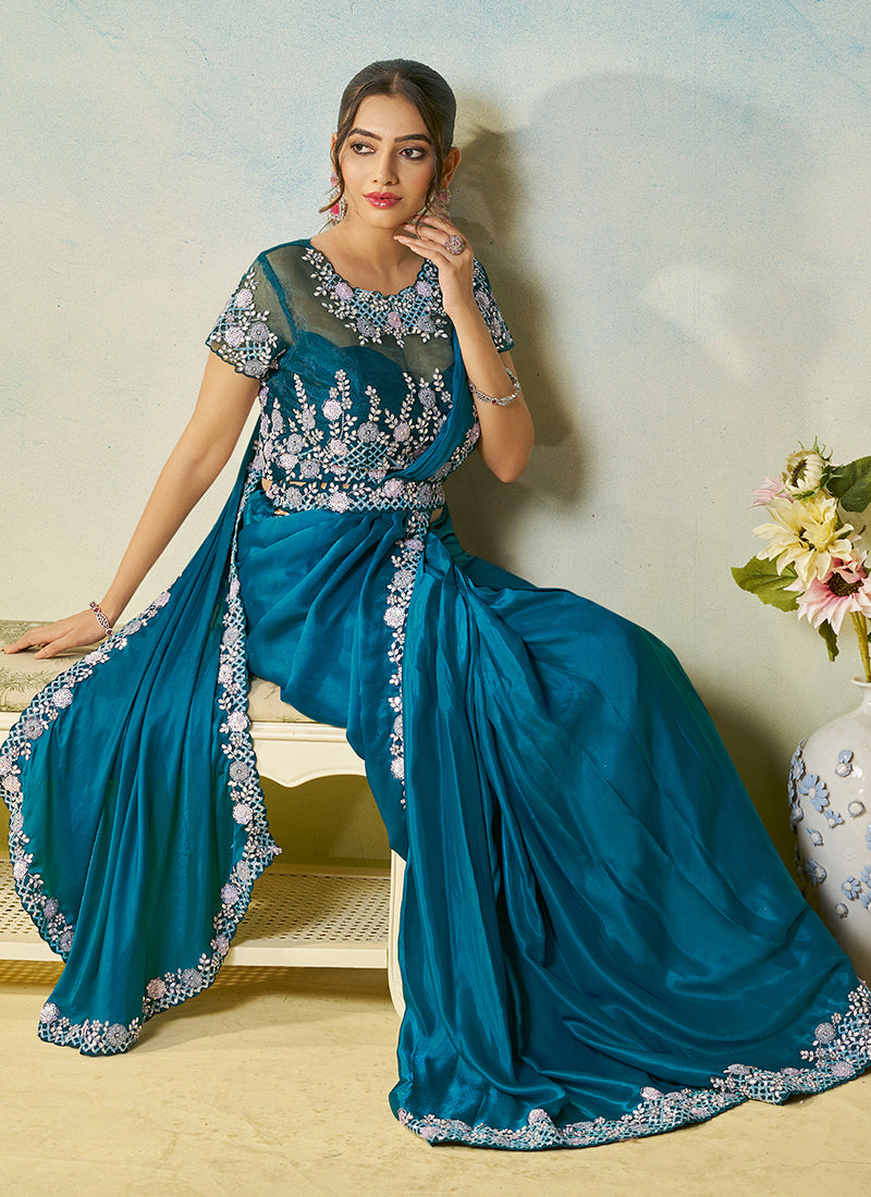 Firozi Blue Handwork Embroidery Silk Saree