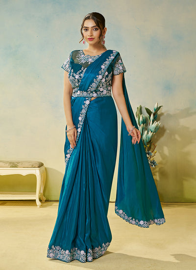 Firozi Blue Handwork Embroidery Silk Saree