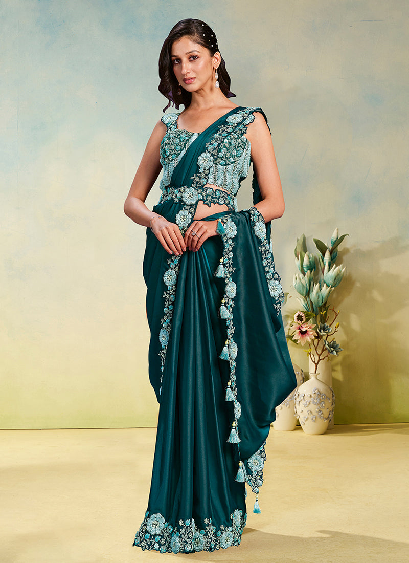 Teal Handwork Embroidery Silk Saree