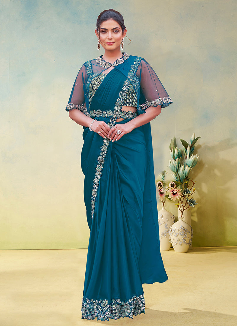 Turquoise Embroidery Partywear Cape Style Saree