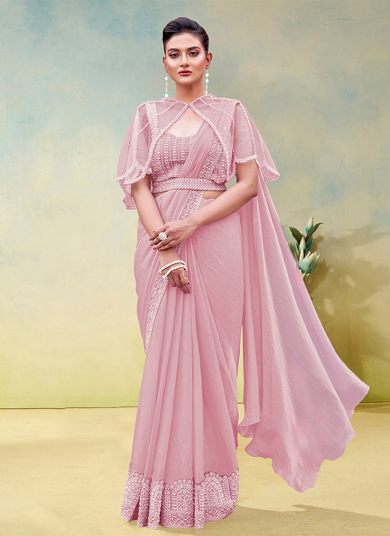 Pink Embroidery Partywear Cape Style Saree