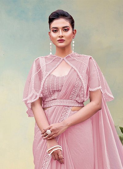 Pink Embroidery Partywear Cape Style Saree