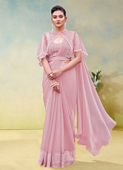 Pink Embroidery Partywear Cape Style Saree