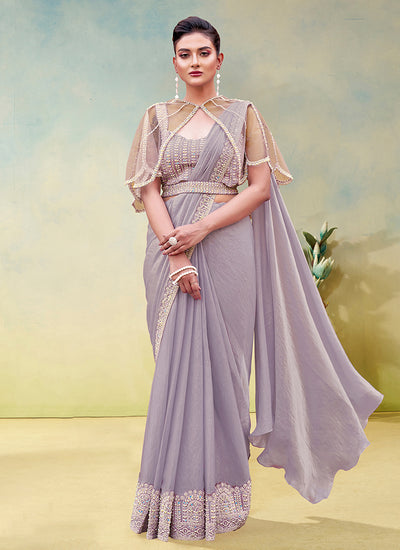 Lavender Embroidery Partywear Cape Style Saree