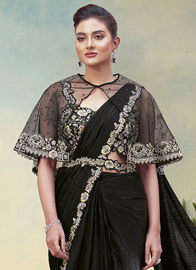 Black Embroidery Partywear Cape Style Saree
