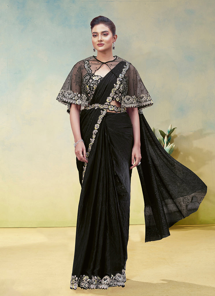 Black Embroidery Partywear Cape Style Saree