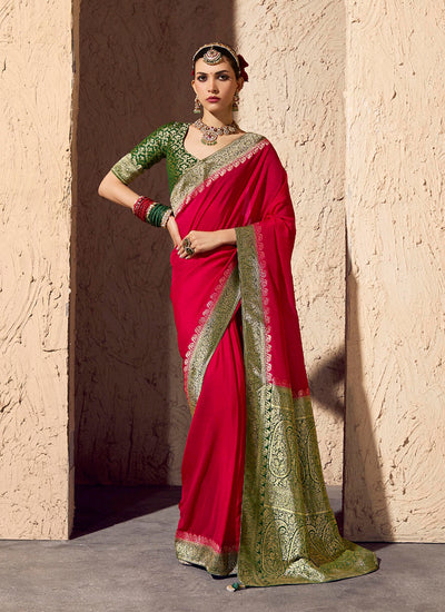 Red and Green Traditional Printed Saree