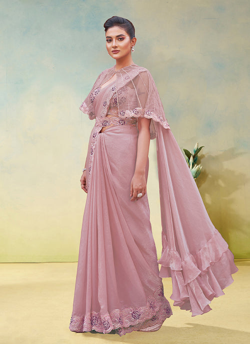 Mauve Embroidery Partywear Cape Style Saree