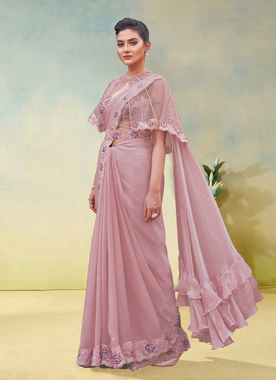 Mauve Embroidery Partywear Cape Style Saree