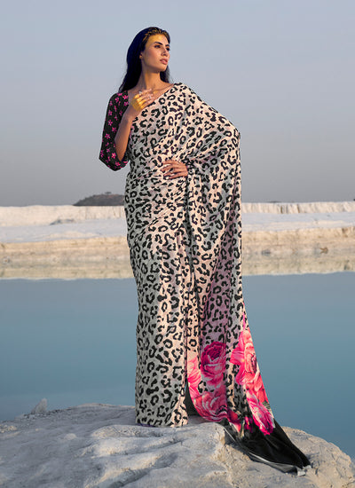 Off White Multicolored Digital Printed Crape Saree