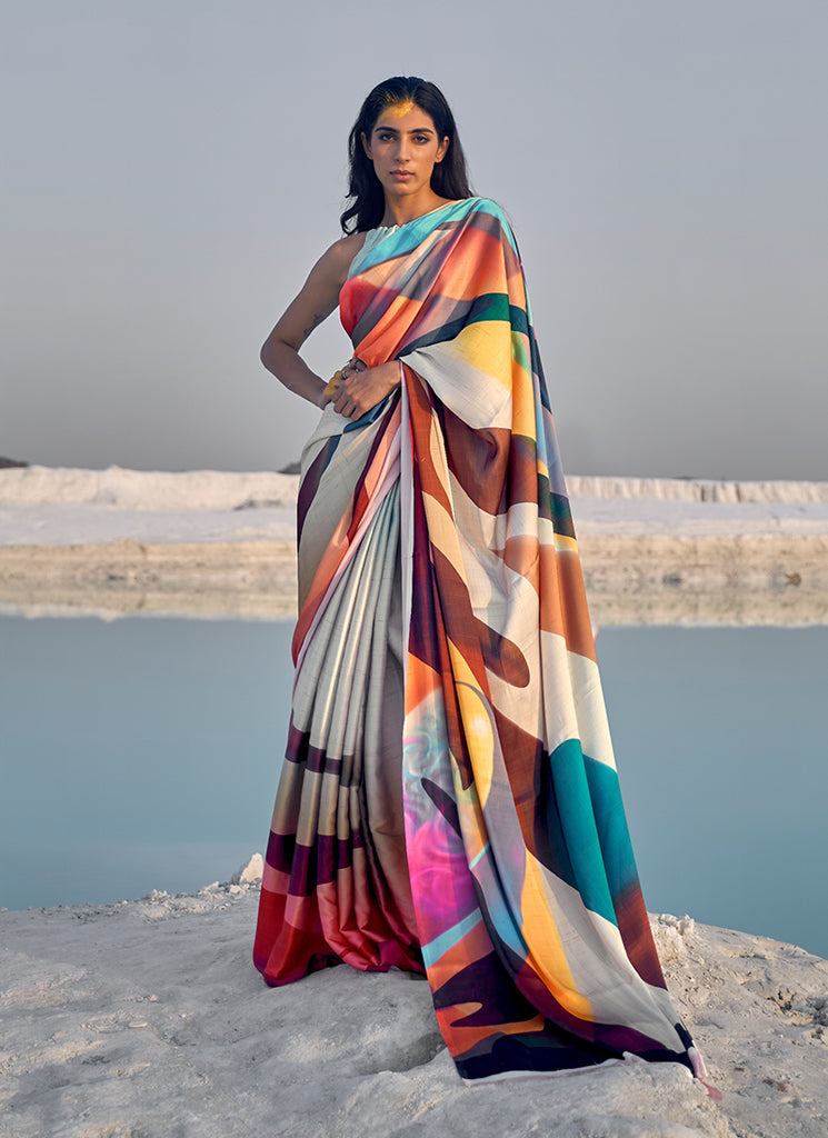 Multicolored Digital Printed Crape Saree