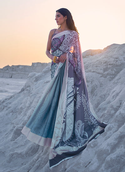 Grey and Blue Shaded Digital Printed Crape Saree