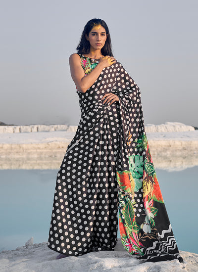 Black Polka Multicolored Digital Printed Crape Saree