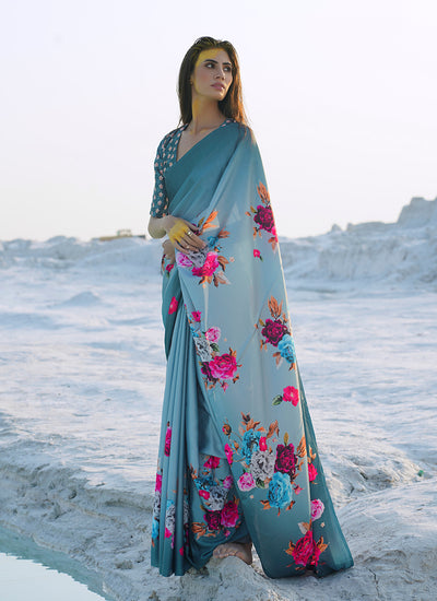Sea Green Multicolored Digital Printed Crape Saree