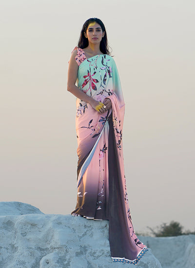 Blush Pink Multicolored Digital Printed Crape Saree