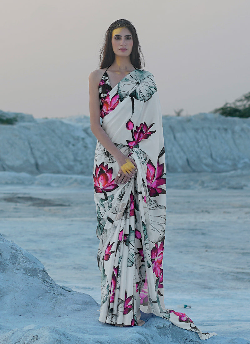 White Multicolored Digital Printed Crape Saree