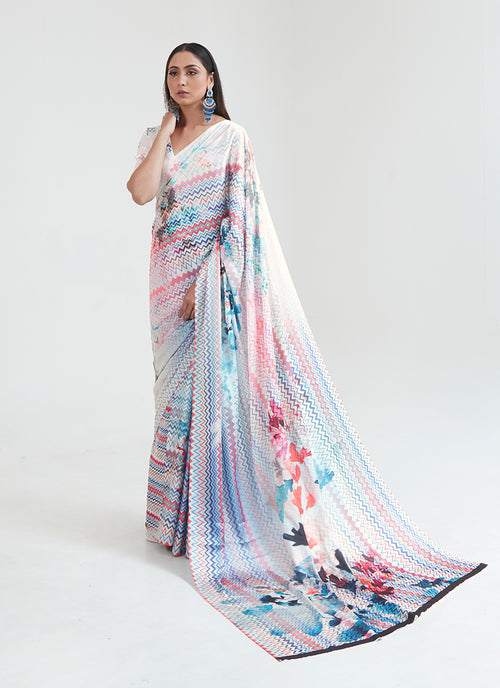 Ice Blue Multicolored Digital Printed Saree