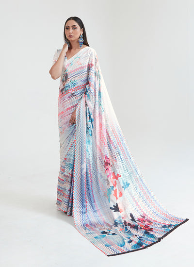 Ice Blue Multicolored Digital Printed Saree