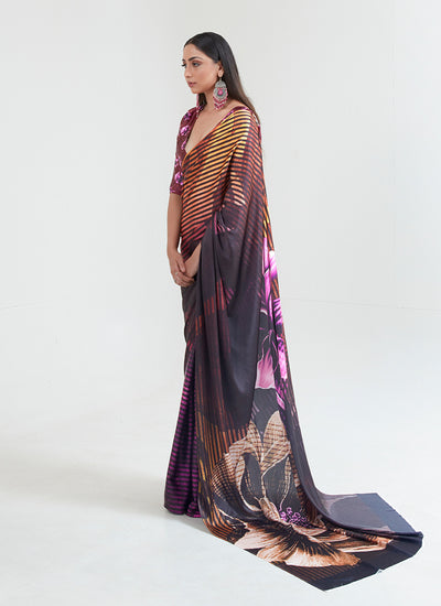 Wine Purple Multicolored Digital Printed Saree