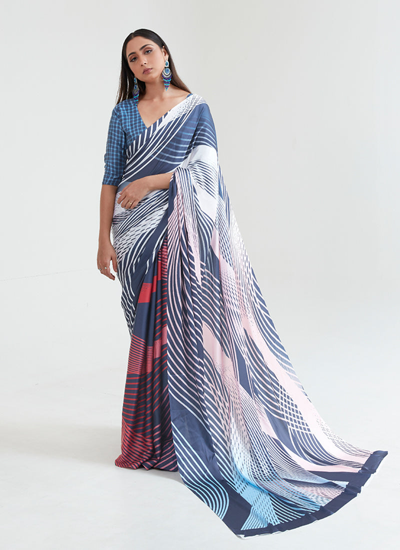 Steel Blue Multicolored Digital Printed Saree