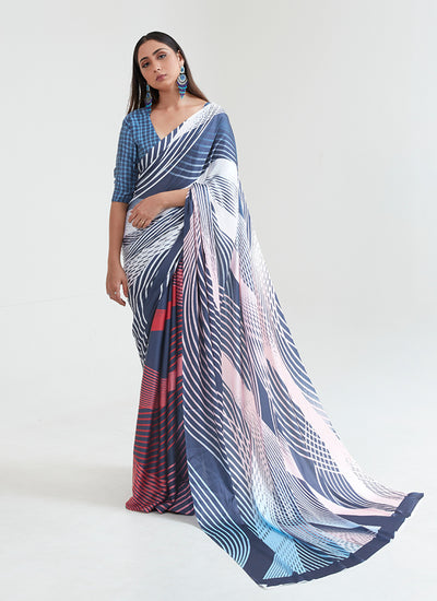 Steel Blue Multicolored Digital Printed Saree