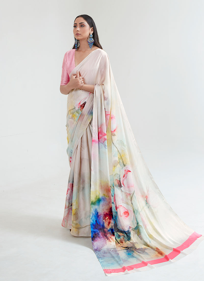 Ivory White Multicolored Digital Printed Saree