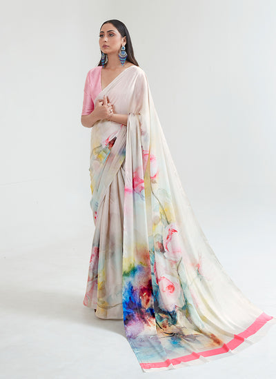 Ivory White Multicolored Digital Printed Saree
