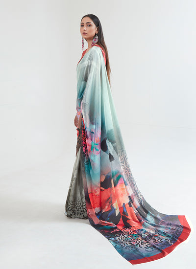 Mint Green Multicolored Digital Printed Saree