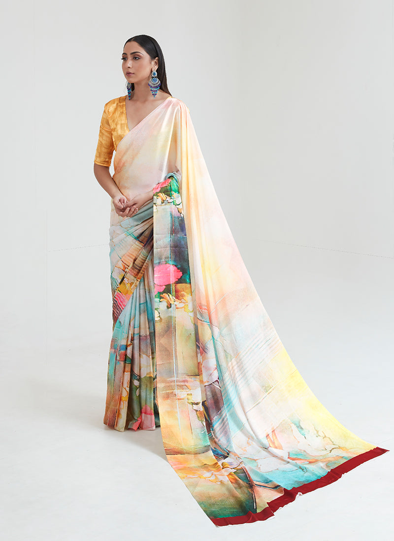 Yellow Cream Multicolored Digital Printed Saree