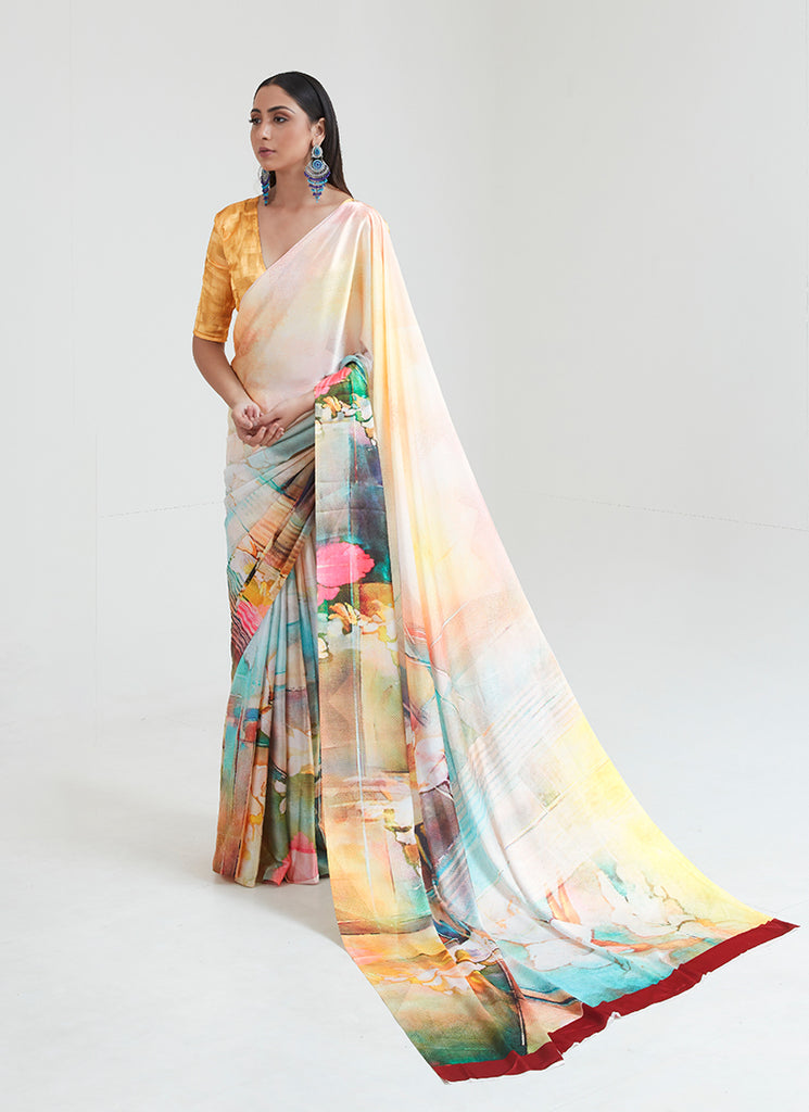 Yellow Cream Multicolored Digital Printed Saree