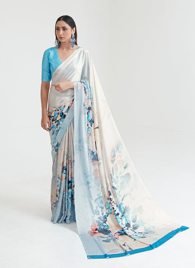Aqua Blue Multicolored Digital Printed Saree