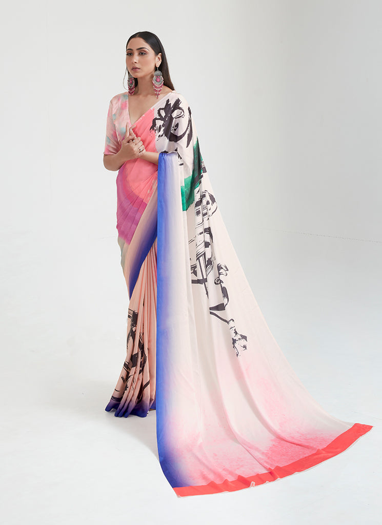 Blush Pink Multicolored Digital Printed Saree