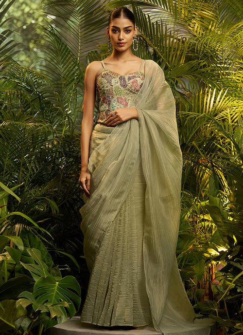 Sage Green Embroidery Tissue Saree