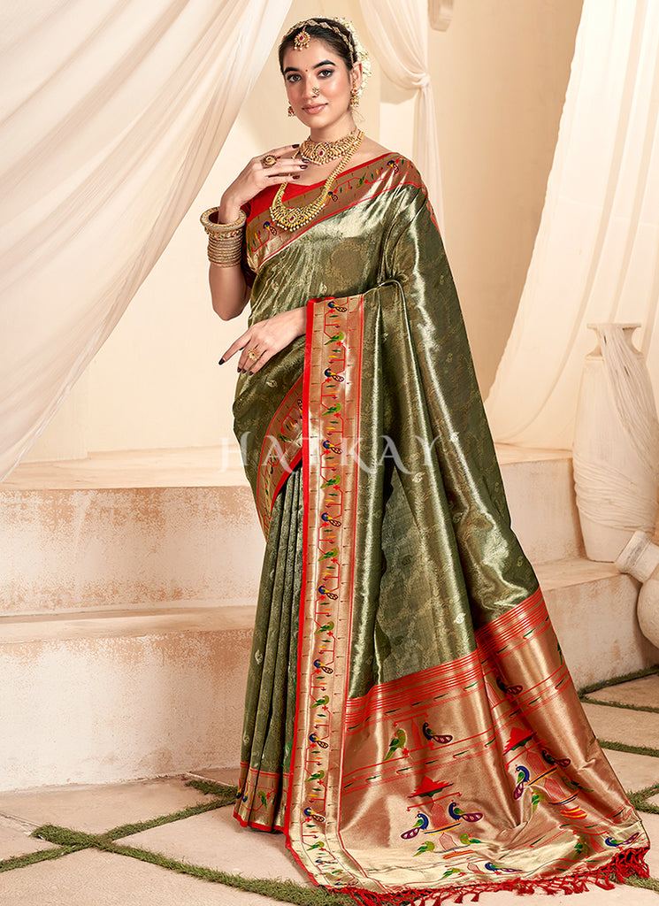 Olive Green And Red Handloom Woven Silk Saree