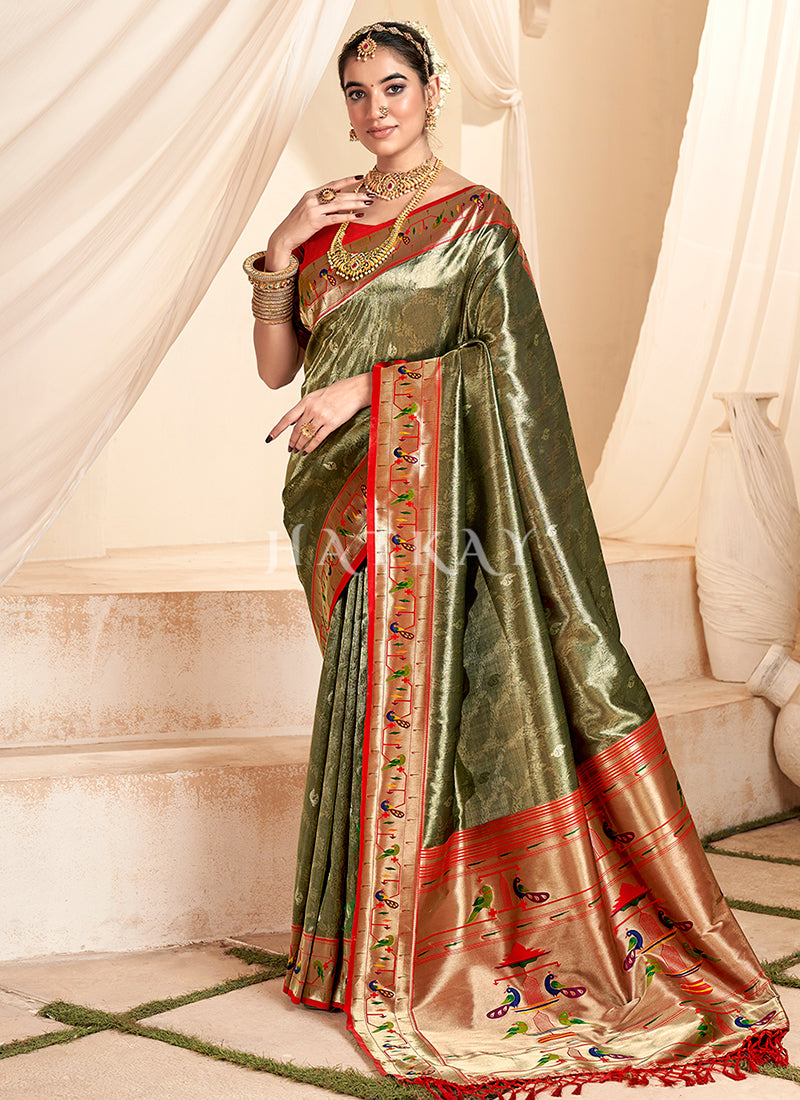 Olive Green And Red Handloom Woven Silk Saree