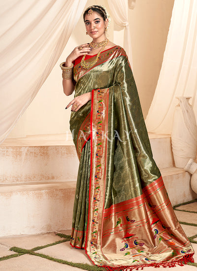 Olive Green And Red Handloom Woven Silk Saree