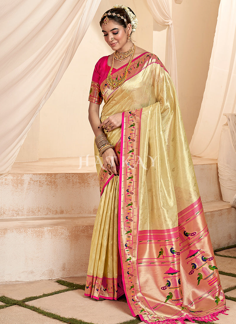 Yellow And Magenta Handloom Woven Silk Saree