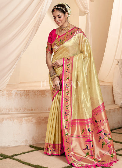 Yellow And Magenta Handloom Woven Silk Saree