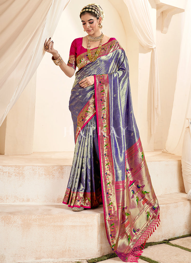Blue And Magenta Handloom Woven Silk Saree