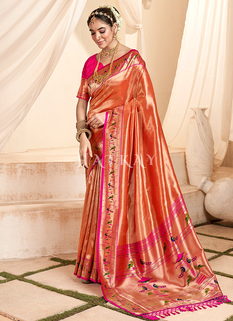 Copper Orange And Pink Handloom Woven Silk Saree