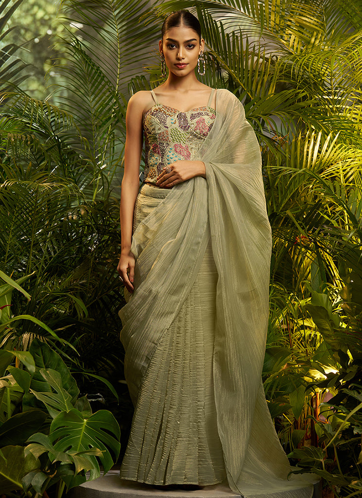 Sage Green Embroidery Tissue Saree