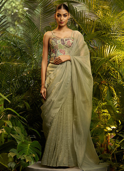 Sage Green Embroidery Tissue Saree
